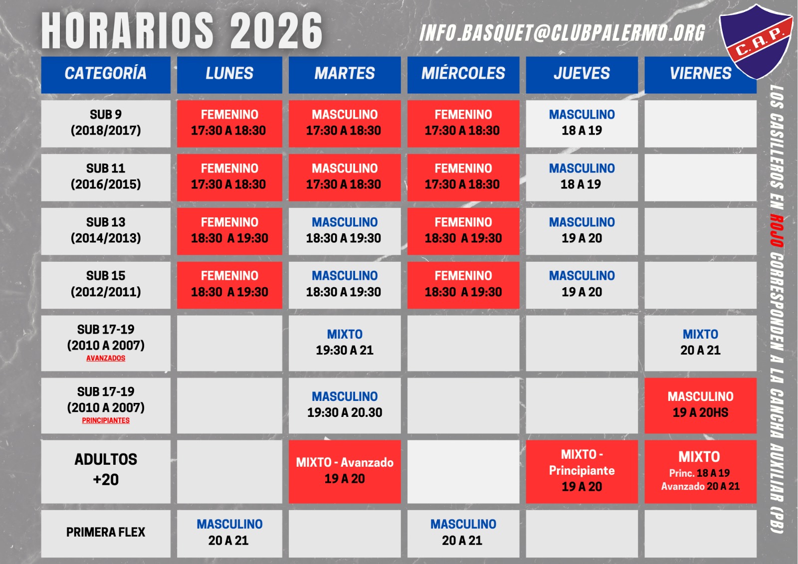 Horarios Escuela de B&aacute;squet Palermo